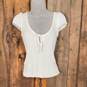 Pinko White Ribbed Top with Tie Detail
